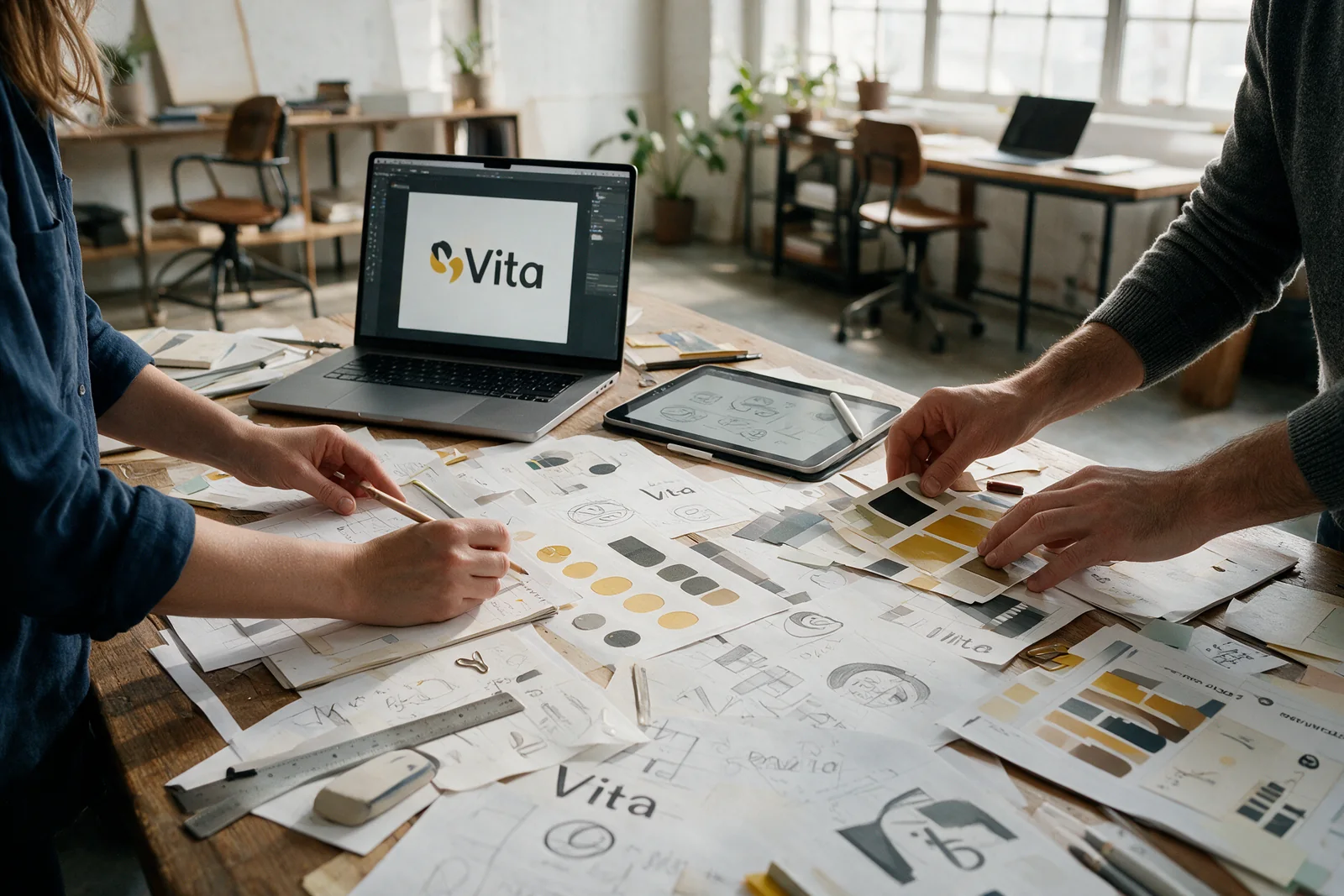 Sesión de trabajo de branding con bocetos, pruebas de identidad y materiales visuales