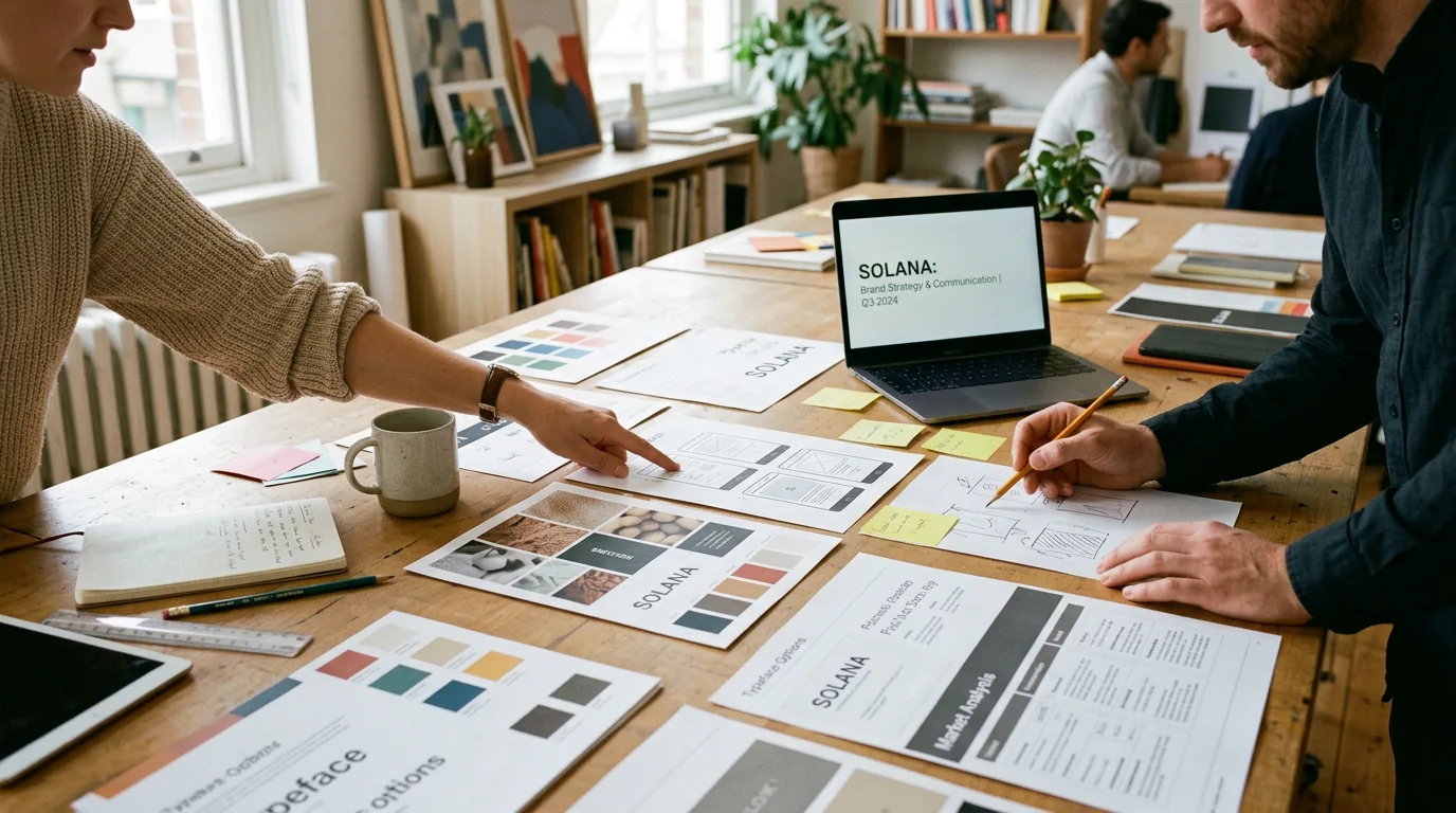 Sesión profesional de marketing y comunicación revisando estrategia, piezas y materiales de marca